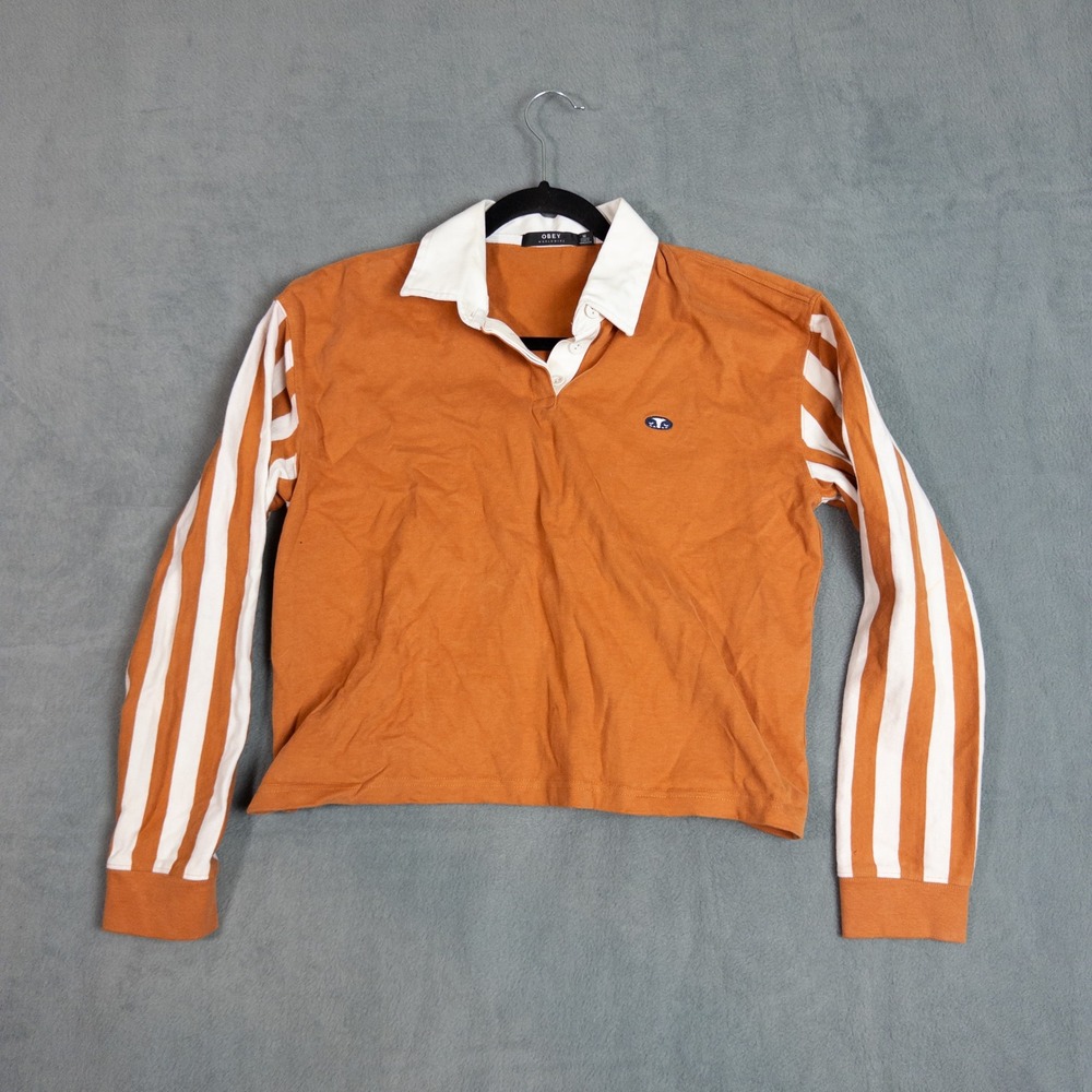 Obey Rugby Shirt Womens M Orange Cropped Striped Sleeve Streetwear